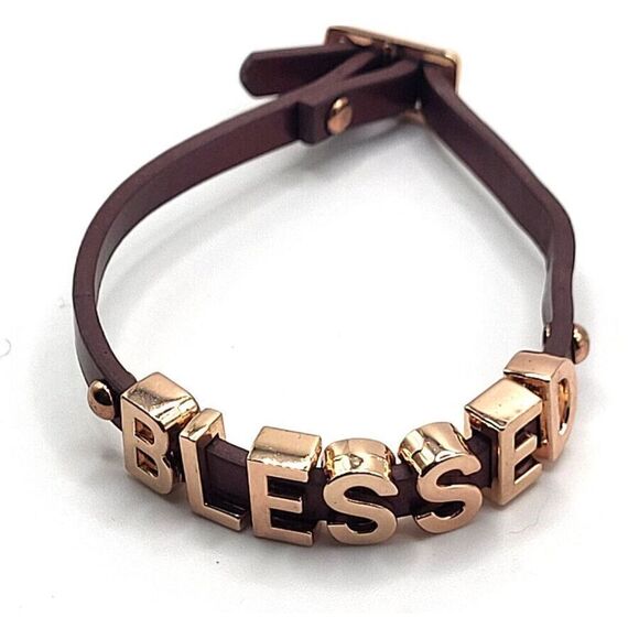 Vegan Leather "Blessed" Gold and Maroon Bracelet 8.5 - Picture 1 of 2
